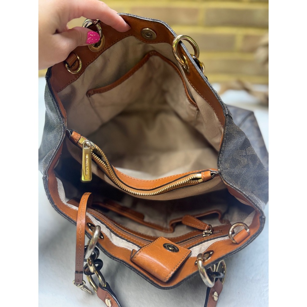 Michael Kors Cynthia Medium Satchel Brown MK Logo Tote Bag purse 30S3TCYS2B - Picture 6 of 9